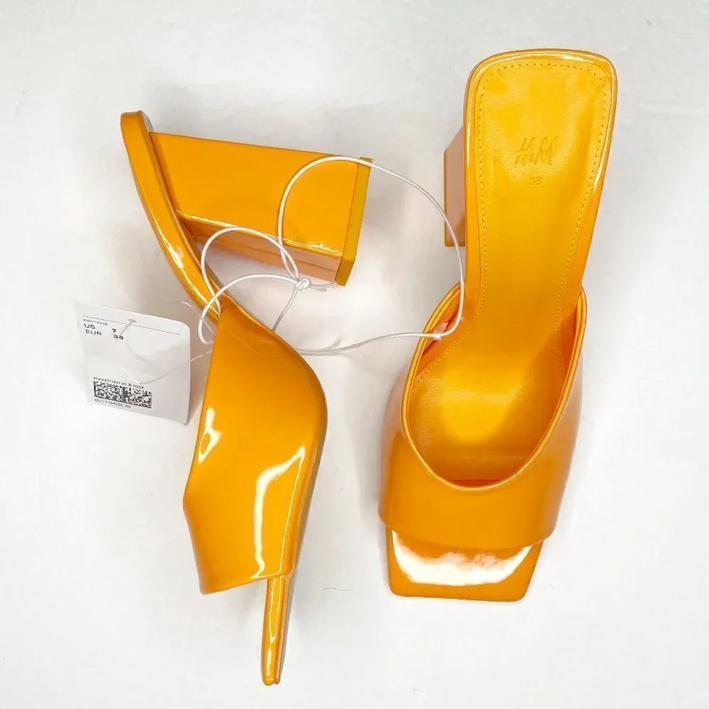 H&M Square Toe Chunky Heel Patent Mules Sandals in Yellow Orange Size 7 NEW - Picture 4 of 11